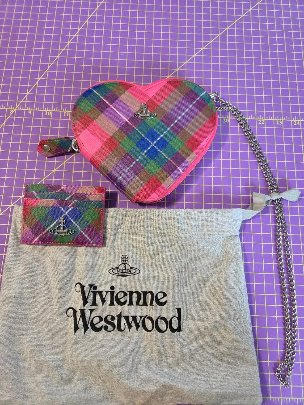 Vivienne Westwood candy tartan heart mini crossbody purse and card holder